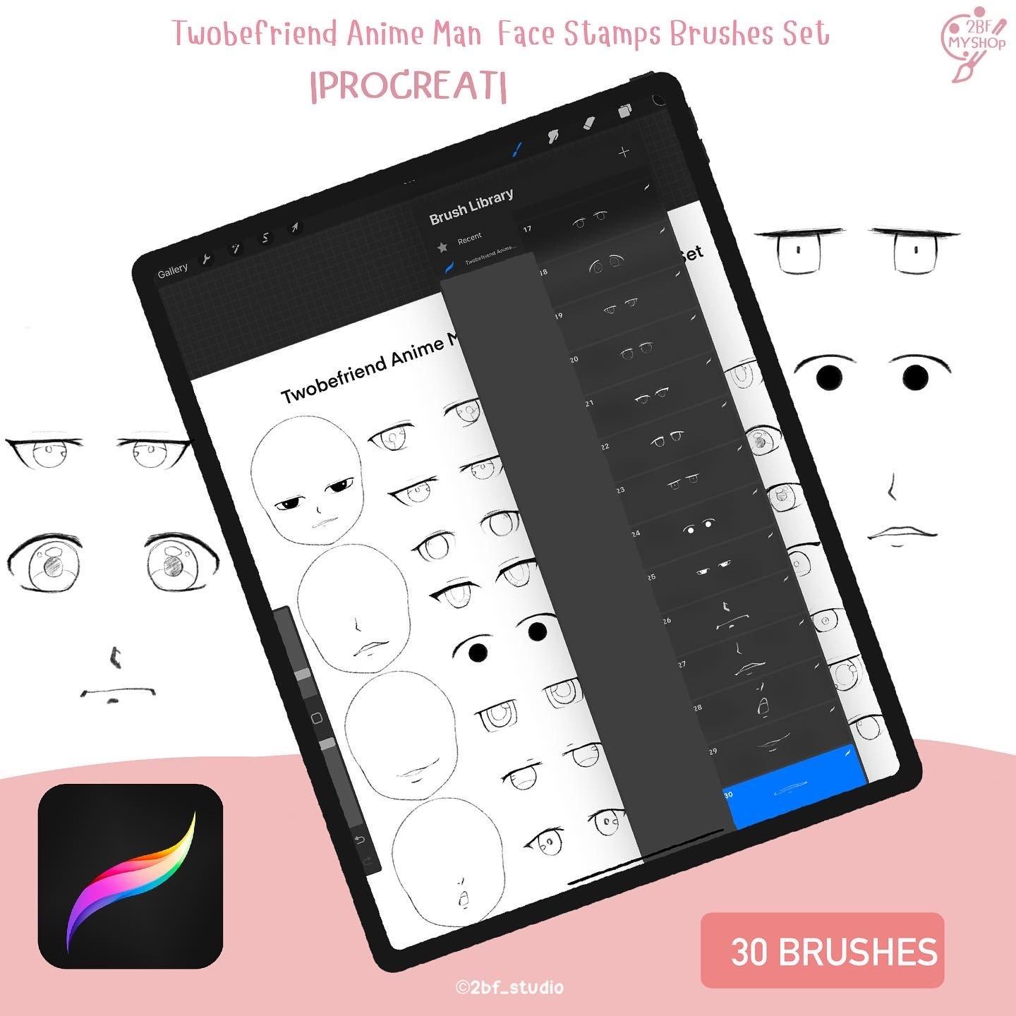 Twobefriend Anime man 30 Face Stamps Brushes Set |PROCREAT BRUSHED|