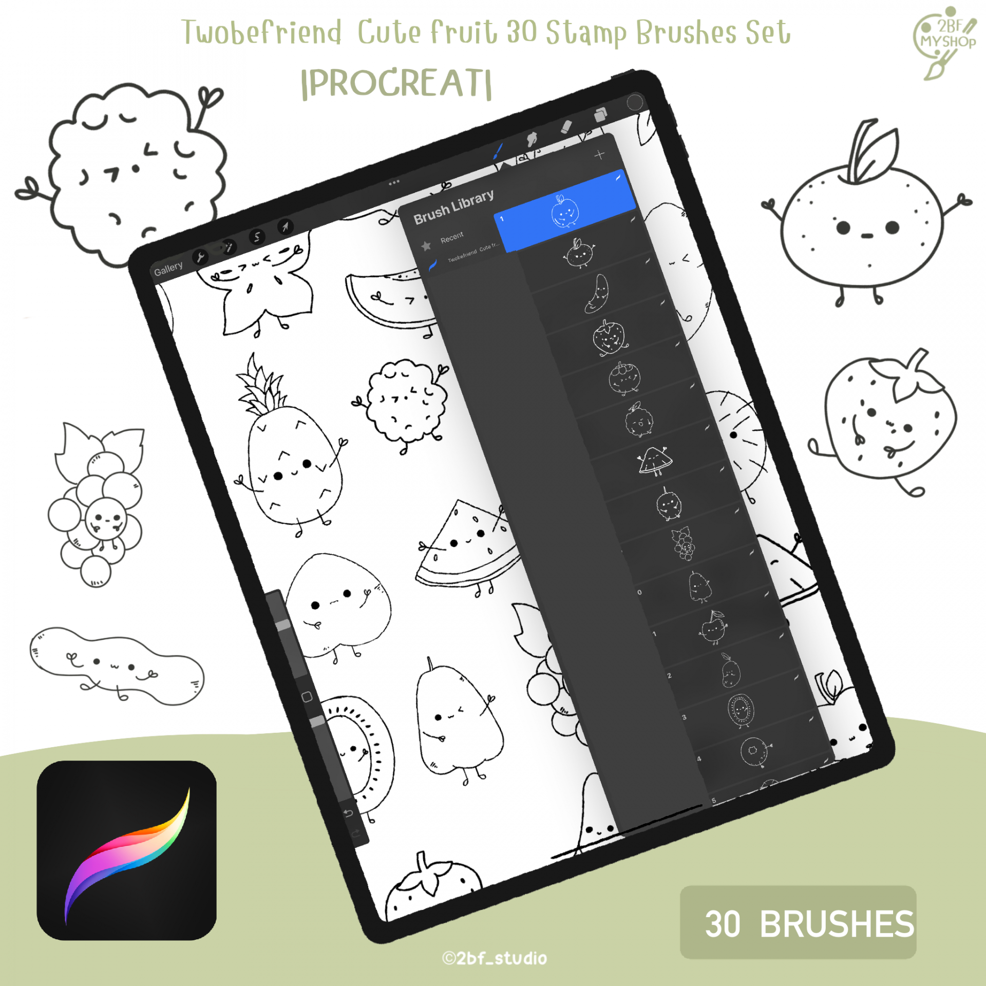 Twobefriend Cute fruit 30 Stamp Brushes Set |PROCREAT BRUSHED|