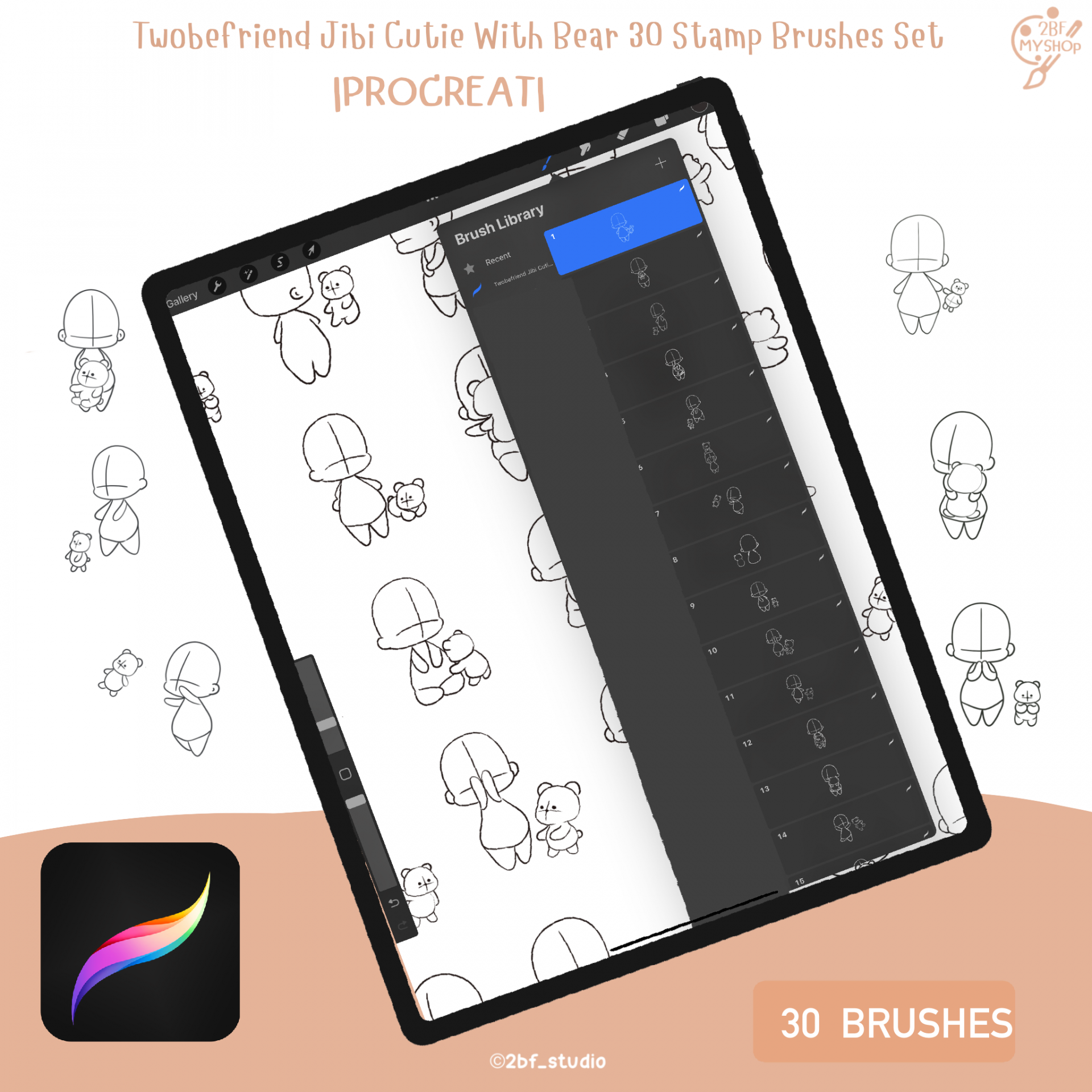 Twobefriend Jibi Cutie With Bear 30 Stamp Brushes Set |PROCREAT BRUSHED|