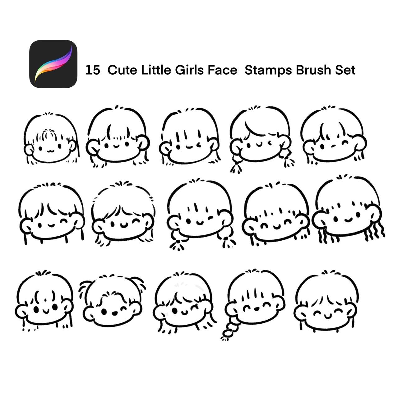15 Cute Little Girls Face Stamps Brush Set